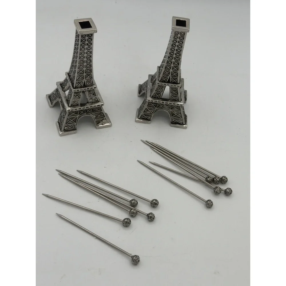Vintage Eiffel Tower Cocktail Pick Set Silver Metal Paris Barware 2 Holders 12pc